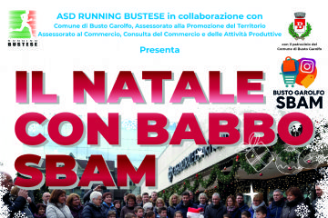 Immagine di festa con babbo natale e bambini. Testo descrittivo dell'evento e loghi attività partecipanti