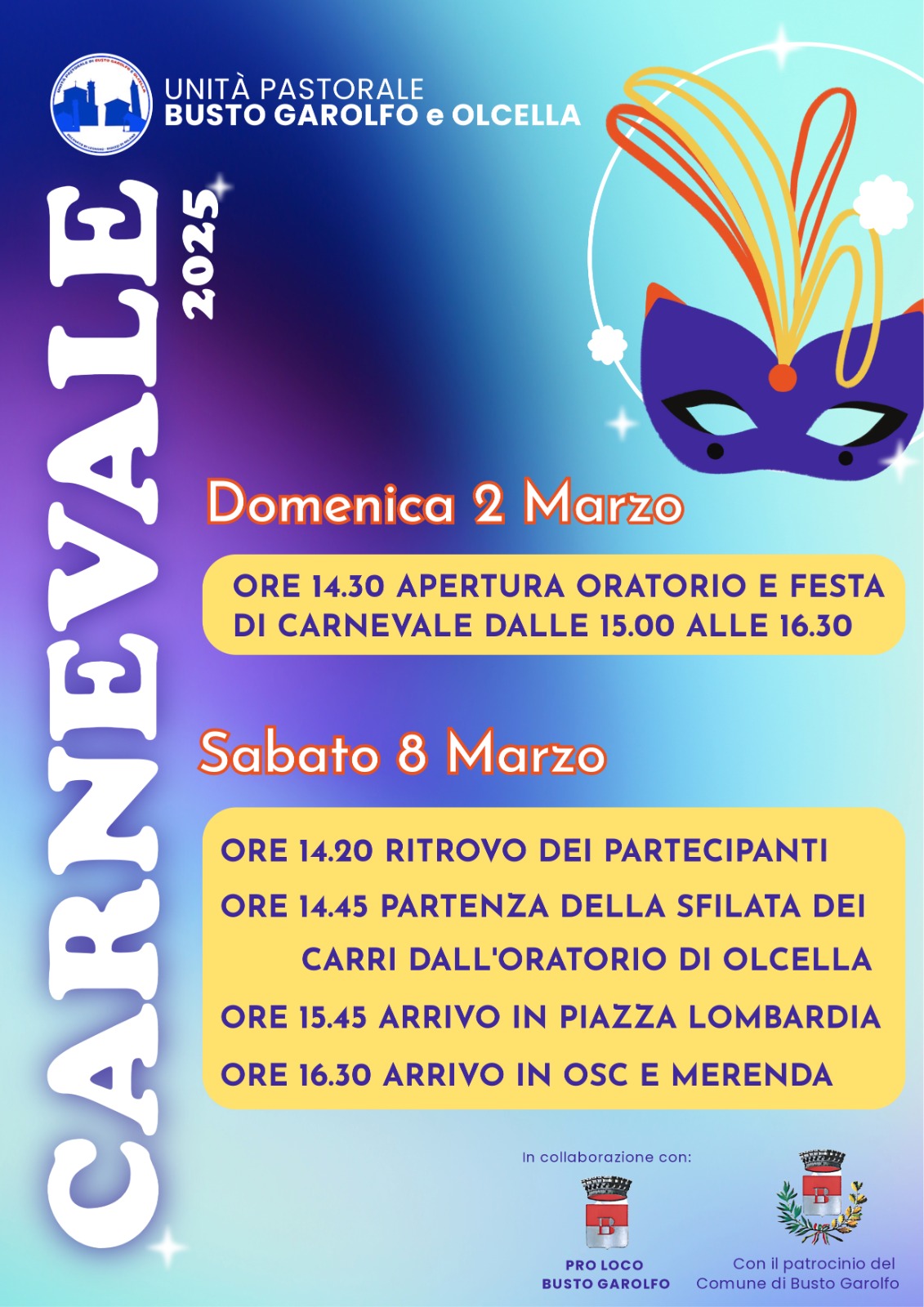 Testo descrittivo con maschera di carnevale e stemmi