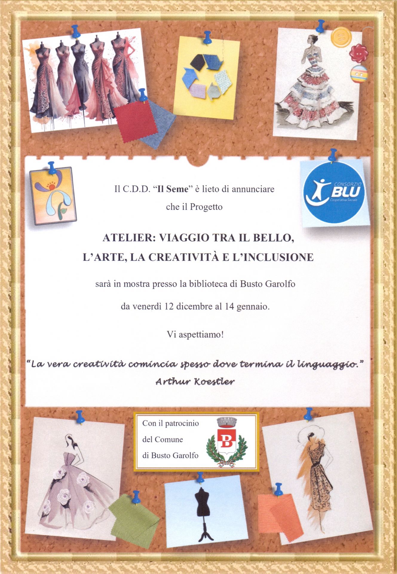 Immagine di vestiti con loghi e testo descrittivo della mosta