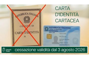 Sulla sinistra in alto una carta d'identità cartacea è barrata con una grande X rossa, alla sua destra il frontespizio della carta d'identità elettronica non è barrato. Compare la scritta in alto: CARTA D'IDENTITA' CARTACEA e in basso, su fondo verde: cessazione di validità dal 3 agosto 2026