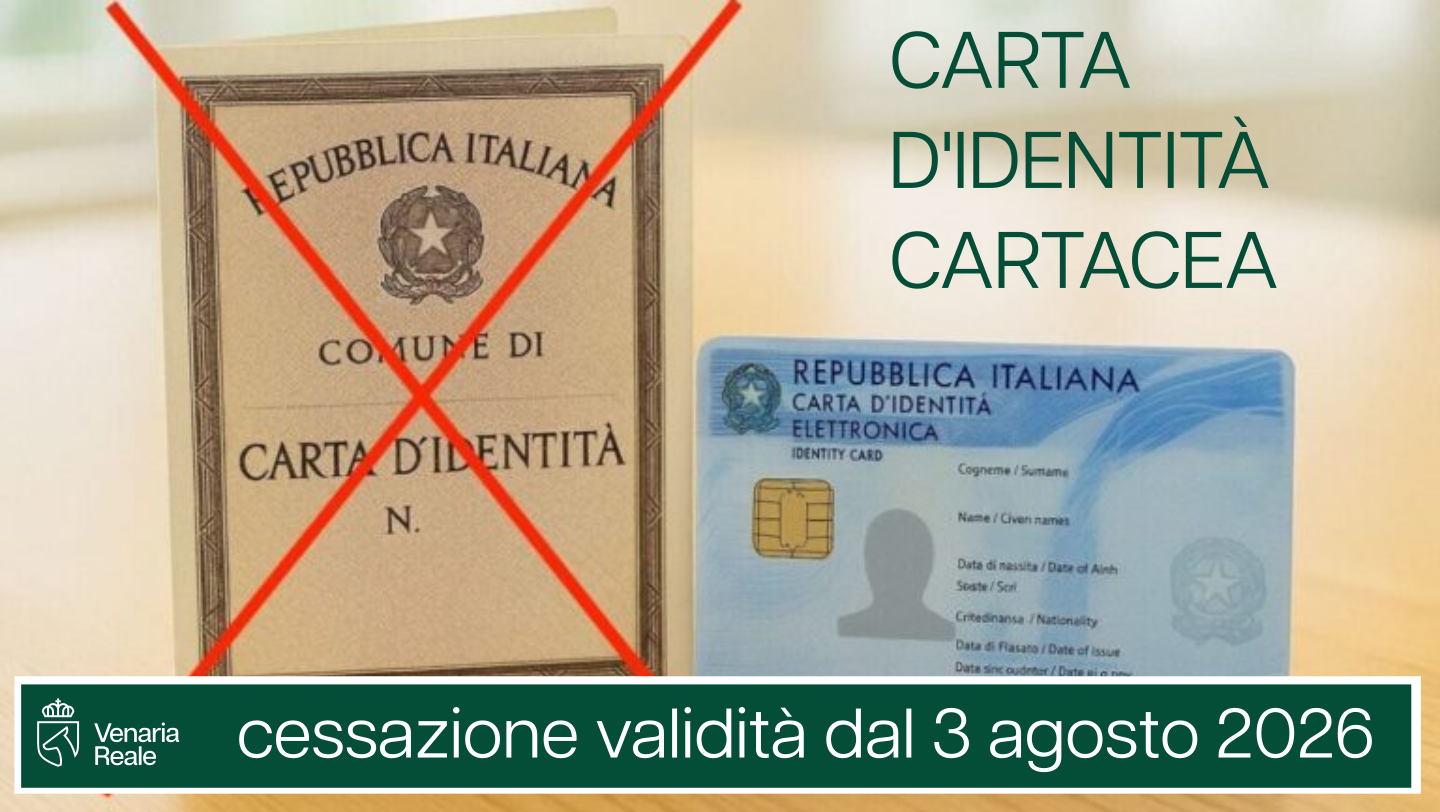 Sulla sinistra in alto una carta d'identità cartacea è barrata con una grande X rossa, alla sua destra il frontespizio della carta d'identità elettronica non è barrato. Compare la scritta in alto: CARTA D'IDENTITA' CARTACEA e in basso, su fondo verde: cessazione di validità dal 3 agosto 2026